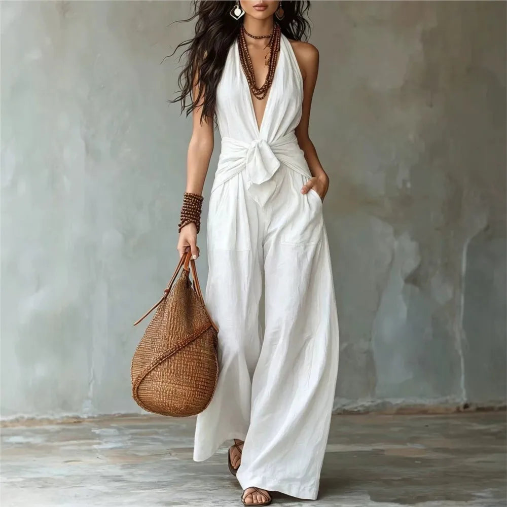 Bohemian Women's Brown Halter Neck Jumpsuit Deep V-Neck Tie Front Knot Wide Leg Pants Sleeveless Casual Summer Beach Jumpsuits