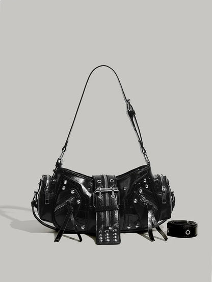 Women's Y2k Punk Vintage Shoulder Purse PU Leather Gothic Rivet Handbag Waist Bag Luxury Black Cross Body Bags with Spikes