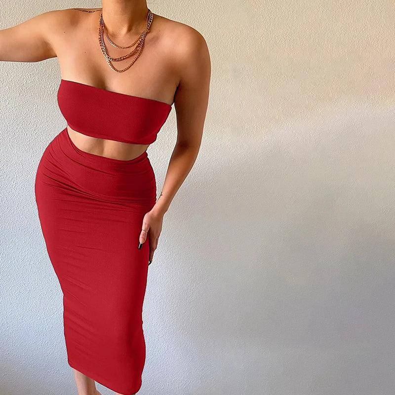 Hugcitar Women Elegant 2 Pcs Sets Strapless Sexy Tube Crop Tank Top Maxi Skirt 2025 Summer Women Casual Clothes Party Festival