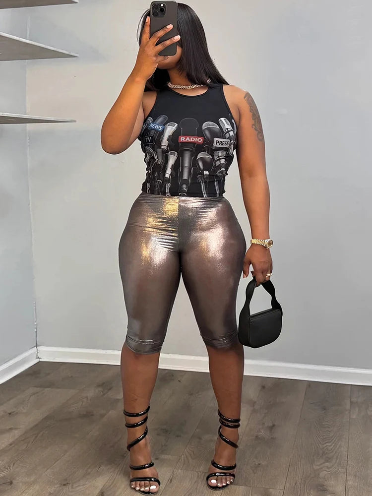 Kliou Mic Print 2 Piece Set Woman Summer Trend o-Neck Sleeveless Crop Tops+Skinny Wrap Hip Shorts High Street Sexy Fashion Suits