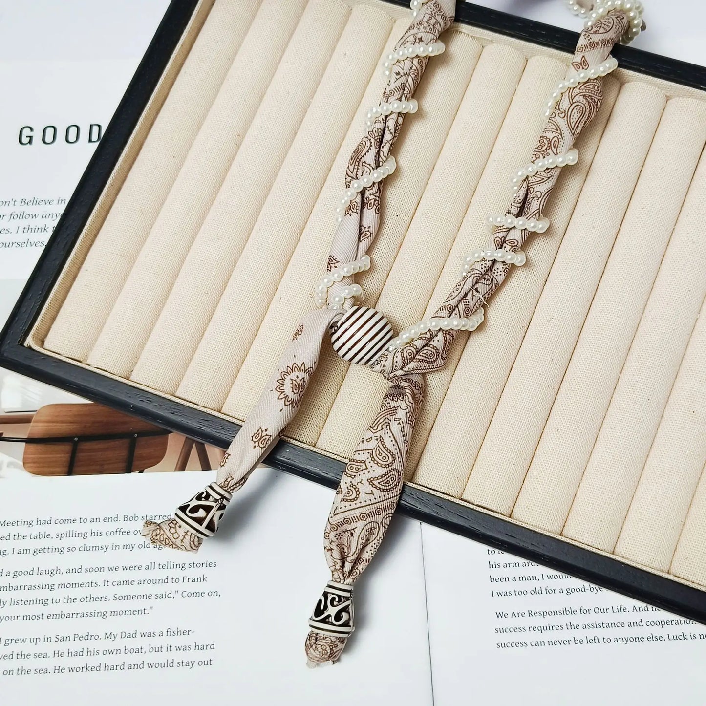 Cashew flower wrapped pearl scarf neck necklace for female artist, unique and beautiful hanging neck accessory, long sweater cha