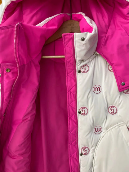 Bright Printed Down Jacket Fashion Hooded Color Block Short Jackets Winter Wash Free Loose Thick 90 White Duck Puffer Coat Women