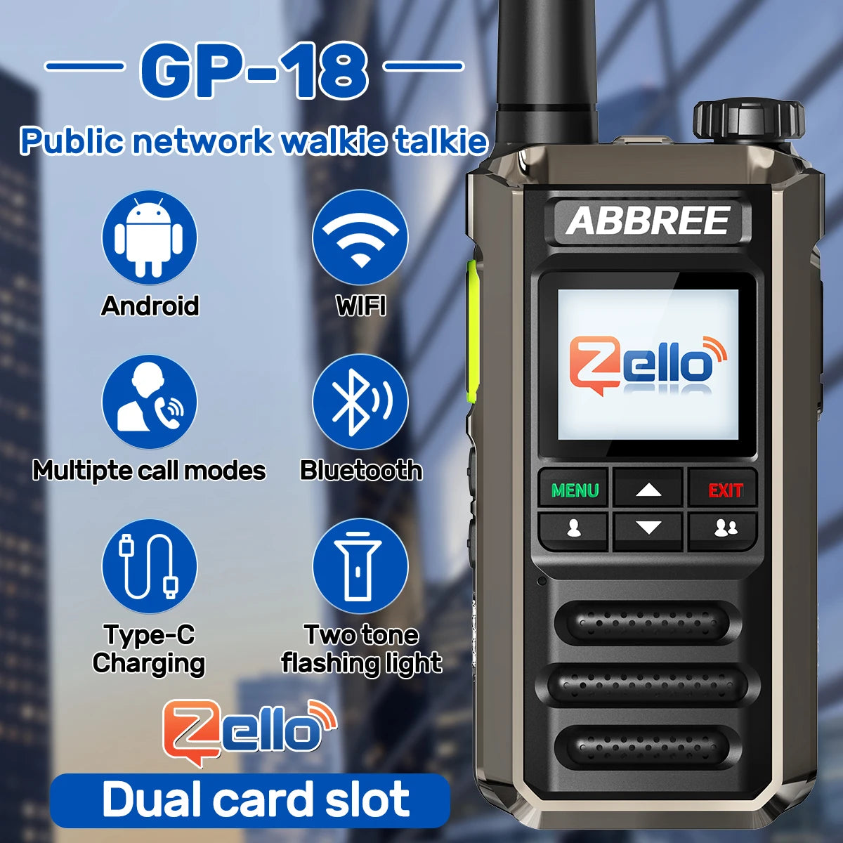 ABBREE GP-18 Zello PoC Radio Global Unlimited Distance Dual SIM Card Slots Android Bluetooth Flashlight WIFI 3G/4G Network Radio