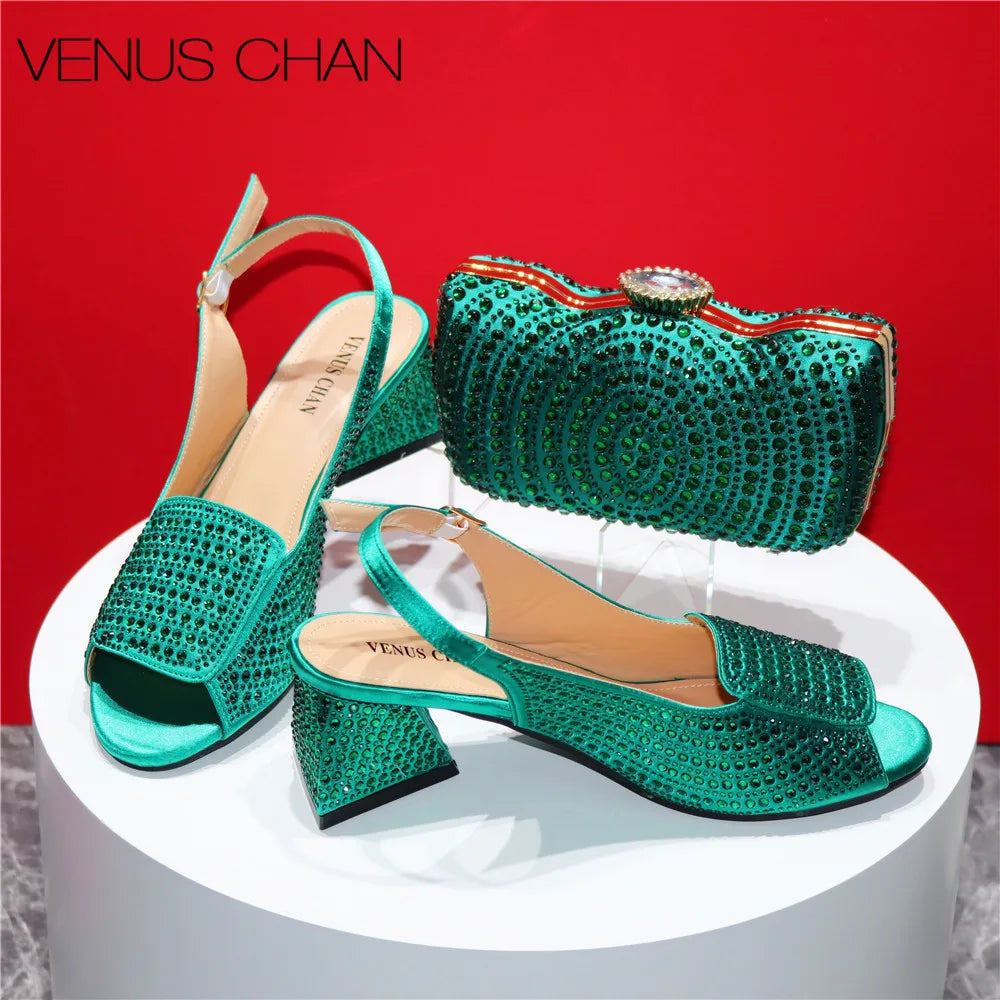 High Heels Shoes for Women Embroidery Rhinestone Italian Design Blue Color Pointed Toe Shoes and Bags Set Fashion