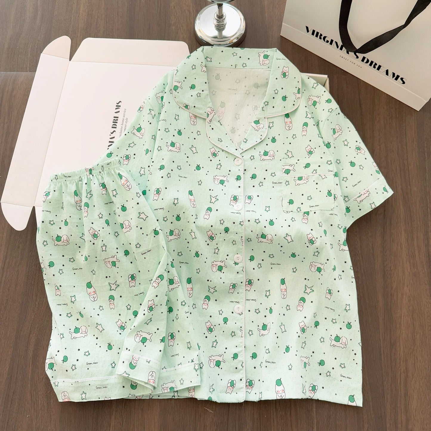 Women Summer Lapel Open Front Pajama Set Short Sleeve Top Shorts, Sweet Ins Teen Loungewear, Casual Daily Outdoor Home Wear Suit