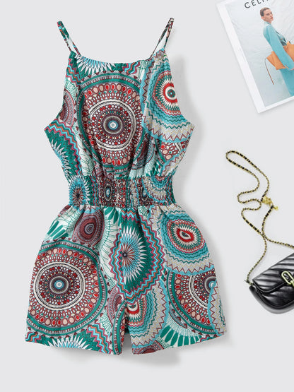 Women Boho Mandala Print Spaghetti Strap Romper Elastic Smocked Waist Sleeveless Short Jumpsuit Summer Beach Casual Playsuit