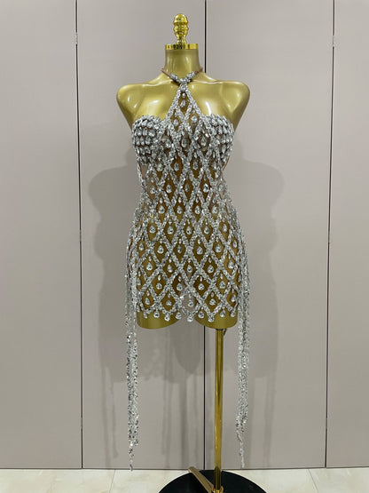 Sexy Sparkly Sequin Diamond Mesh Transparent Two Piece Set Women Celebrate Evening Party Birthday Dress Stage Photo Shoot Wear