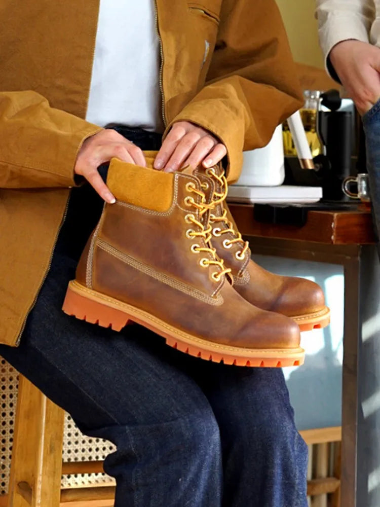 New Men Fashion Cow Suede Leather Round Toe Patchwork Comfortable Mid Heel Shoes Work Lace Up Male Handmade Wear Resistant Boots