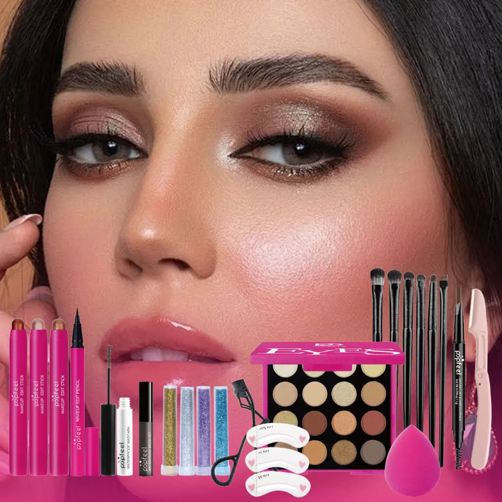 Essential Eye Makeup Set for Beginners Matte&Shimmer Eyeshadow Palette, Mascara, Eyebrow Pencil, Lip Eyeliner,Brush Tool Set Box