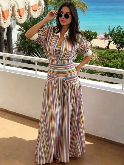 Elegant Colorful Stripe Shirt Skirt Set Women 2026 Puff Sleeve Lapel Shirts High Waist Long Skirts Autumn Lady All-matching Suit