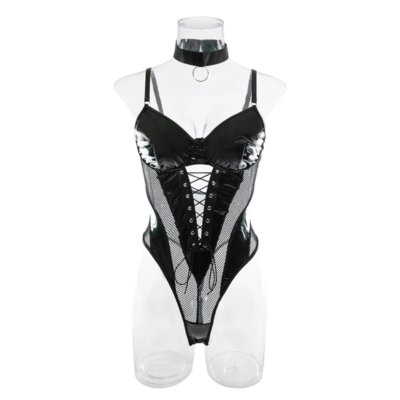 CHILLGIO Women Sexy PU Mesh Strappy Bodysuits Lace-up Tight Catsuits Hollow Slim Rompers Fashion One Piece Combination Oneise