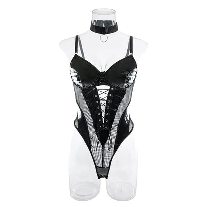 CHILLGIO Women Sexy PU Mesh Strappy Bodysuits Lace-up Tight Catsuits Hollow Slim Rompers Fashion One Piece Combination Oneise