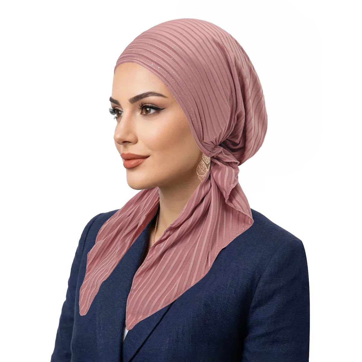 Fashion Stripes Muslim Hijab Turban Hats Long Tail Head Wraps Elastic Hijab Hats Breathable Chemo Cap For Women Girls