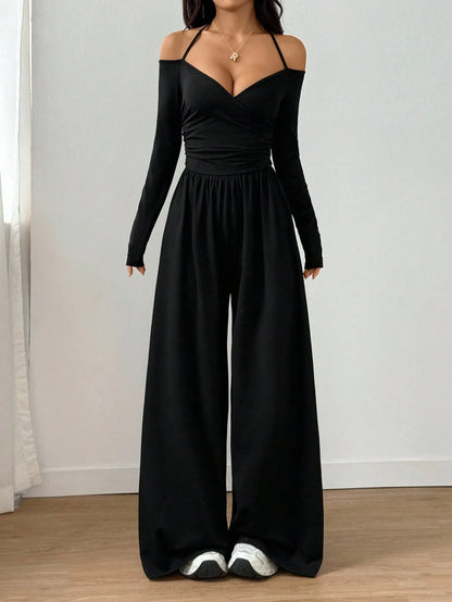 2026 Casual Jumpsuits For Woman Jumpsuit All-match Women's Clothe Simple Style Neck Halter Off Shoulder Solid Color Long Sleeves
