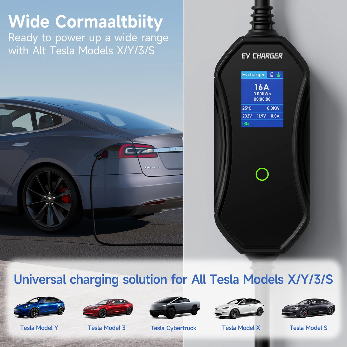 3.6kW Portable TS‑NACS EV Charger for Tesla 2.8" LCD Display Delay & Schedule Timing Electric Vehicle Charging Plug Station