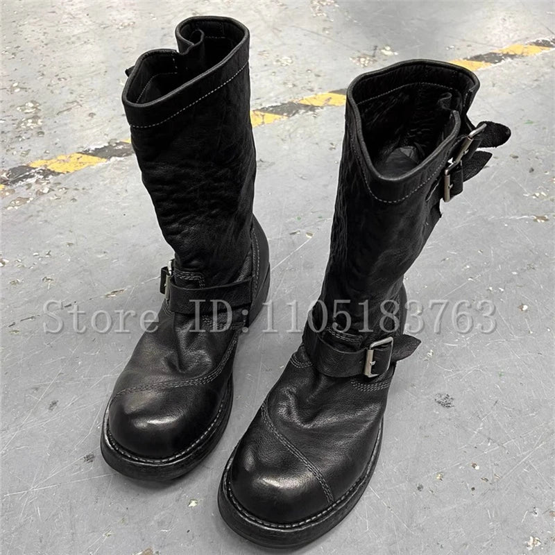 Vintage Big Toe Black Leather Motorcycle Boots Men New Fashion Buckle Strap Mid Calf Knight Boots Western Cowboy Shoes