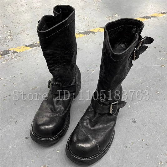 Vintage Big Toe Black Leather Motorcycle Boots Men New Fashion Buckle Strap Mid Calf Knight Boots Western Cowboy Shoes