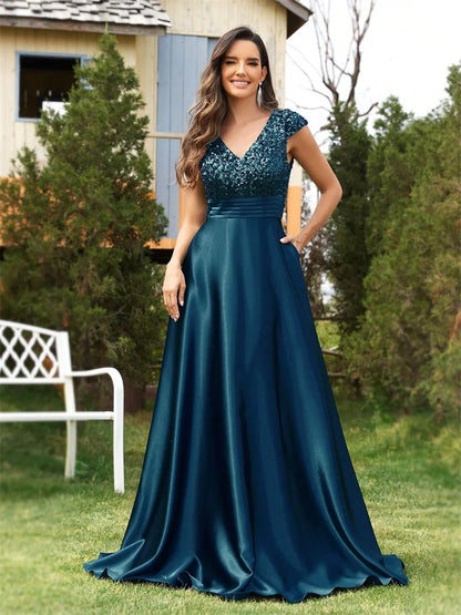 Elegant V-Neck Green Pleats Sequins Evening Dresses Long Luxury Women Satin Sleeveless Wedding Party Cocktail Gowns