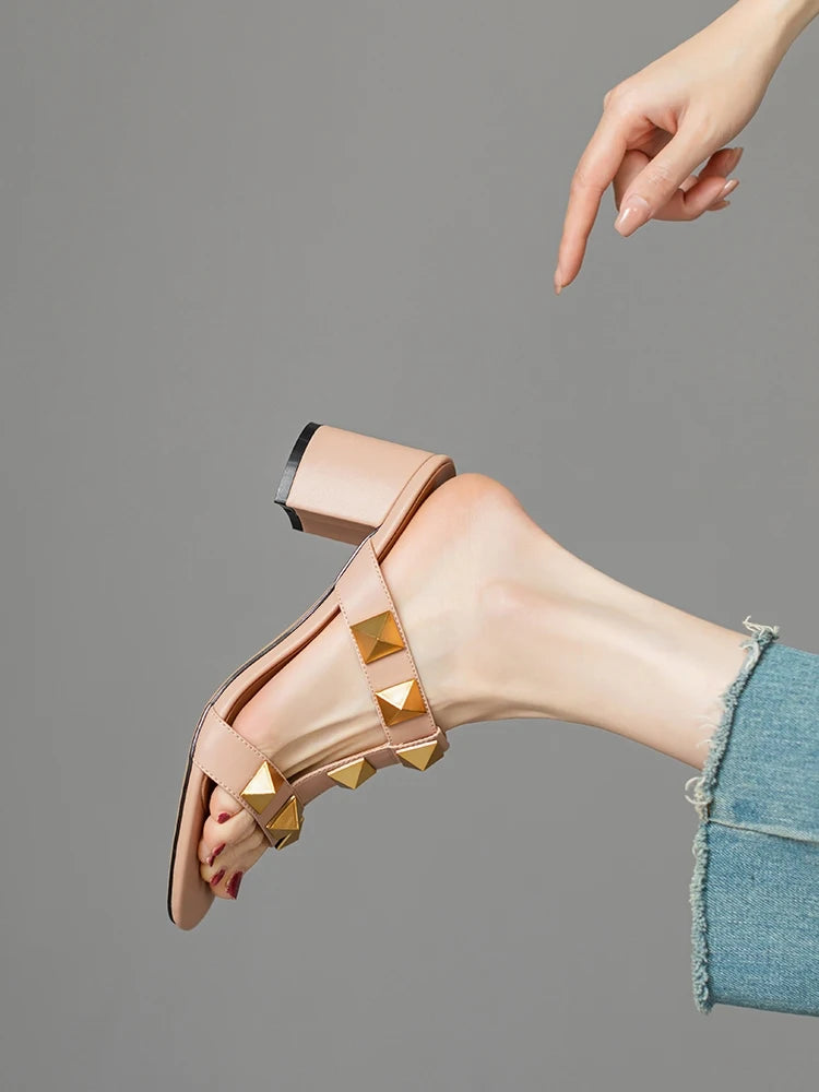 Women's Sandals Summer Gladiator Heeled Sandals Luxury Heeled Slippers Rivets Open Toe High Heels Elegant Ladies Shoes Women