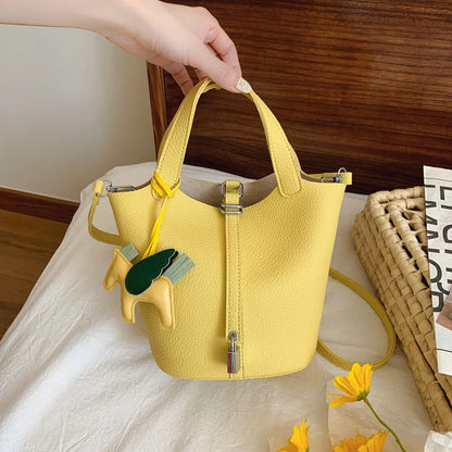Fashion Vegetable Basket Bucket Bag Women's Autumn New Lychee Pattern Shoulder Bag Simple Solid Color Niche Messenger Bag