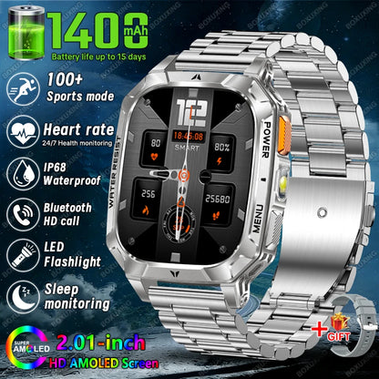 New 1400 mAh Battery Military Smartwatch Men IP68 Waterproof Flashlight Health Monitor Sports Call Smart Watch For iOS Android