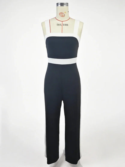 Women's Casual Black Jumpsuit White Contrast Trim Square Neck Great for City Nights Social Gatherings Fashionable Wear