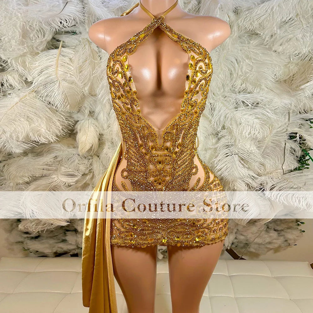 Exquisite Gold Crystal Birthday Party Dresses For African Girls Ground Tail Cocktail Dress Mini Prom Gowns Customized