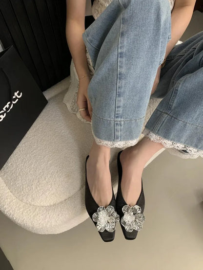 Luxury Crystal Flower Design Slippers for Women Summer 2025 Fashion Square Toe Backless Flat Sandals Elegant Party Mule Shoes