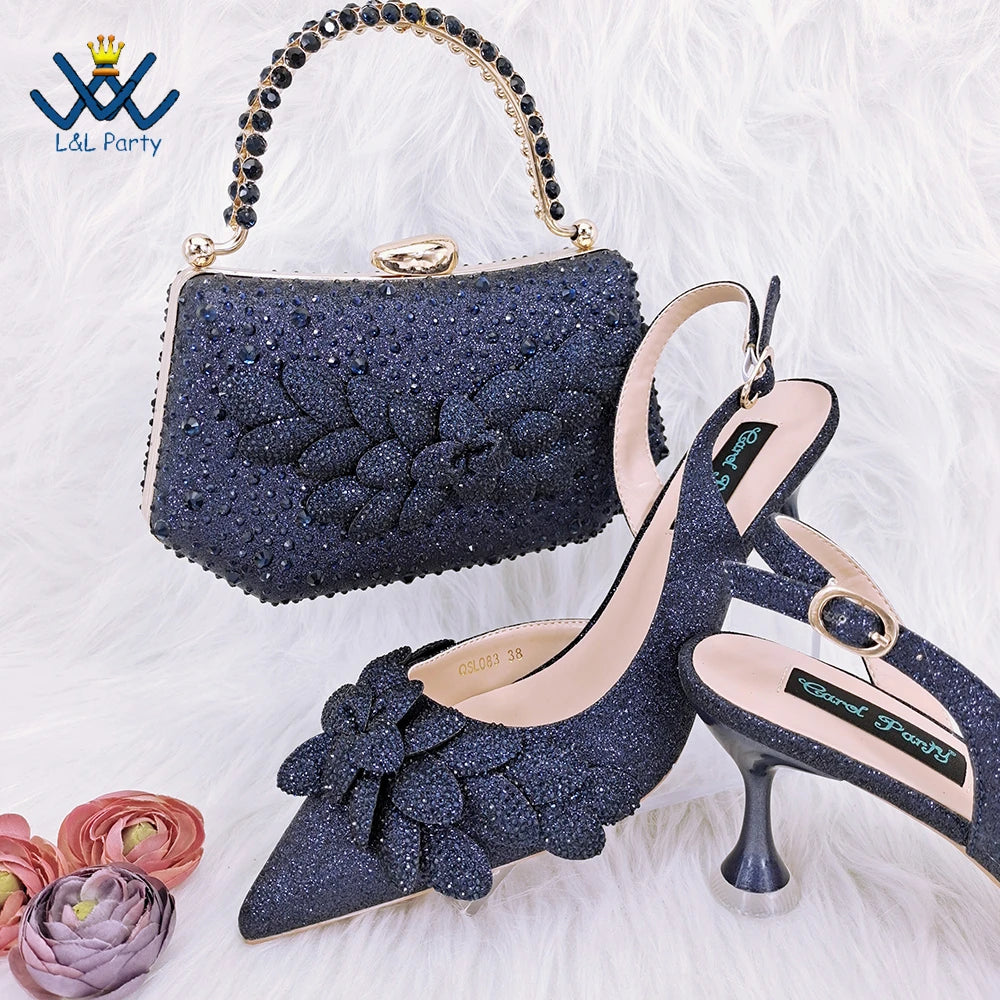 Pointed Toe High Quality in Silver Color Novelty Style Italian Design Shoes Matching Bag Set with Appliques for Wedding
