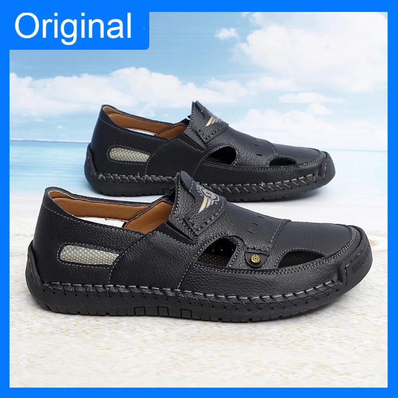 Mens Walking Shoes Summer Breathable Leather Hand Sewn Minimalist Baotou Flat Shoes Soft Elastic Daily Casual Male Sandalia