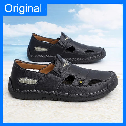 Mens Walking Shoes Summer Breathable Leather Hand Sewn Minimalist Baotou Flat Shoes Soft Elastic Daily Casual Male Sandalia