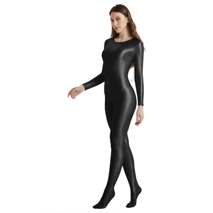 Women's Smooth Glossy High-Elastic Round Neck One Piece Catsuit Long Sleeve Zentai Jumpsuits Cosplay Performance Tights Bodysuit