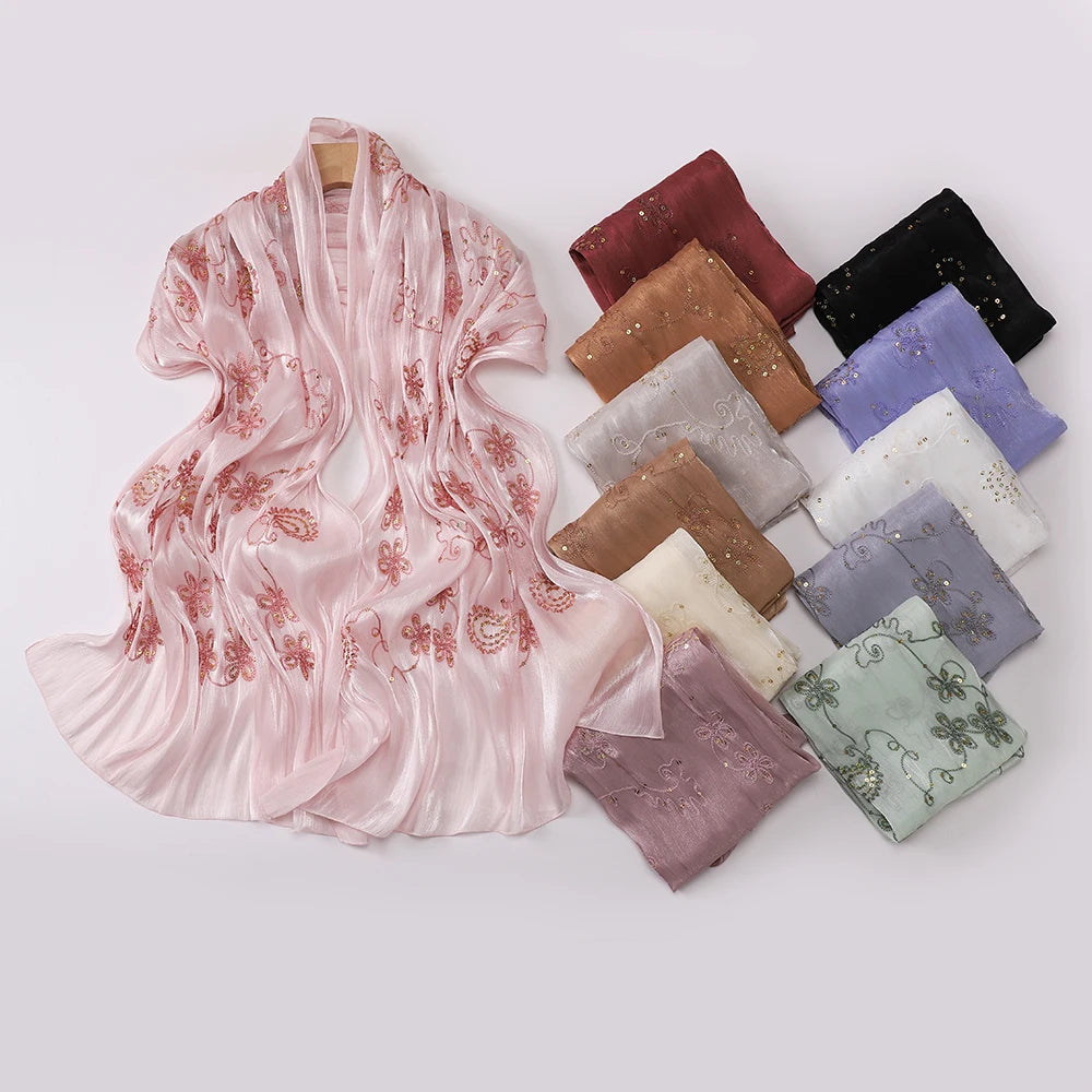 Elegant Embroidery Glitter Shimmer Hijab Shawl Pleated Glitter Chiffon Shawl Lightweight Crinkle Flowy Plain Hijab Scarves
