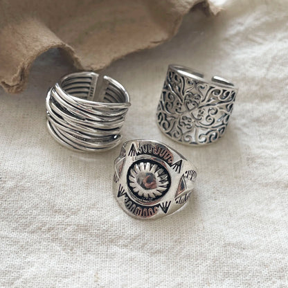 925 Sterling Silver Rings For Women Geometric Fine Jewelry Finger Adjustable Retro Flower Hollow Ring For Party Birthday Gift