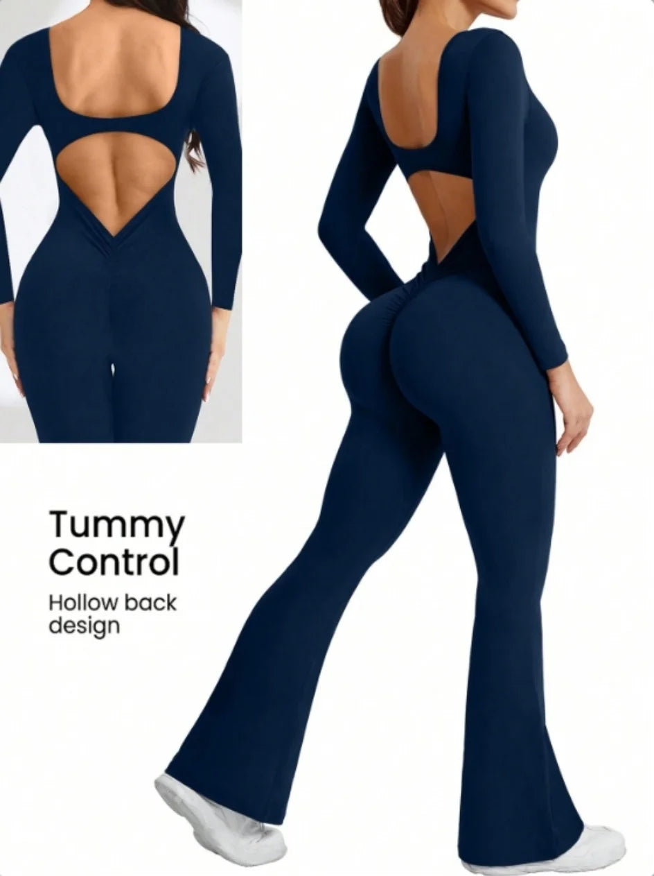 High quality solid color long sleeved compression exercise jumpsuit women's sportswear bell bottom pants sexy push up yoga set