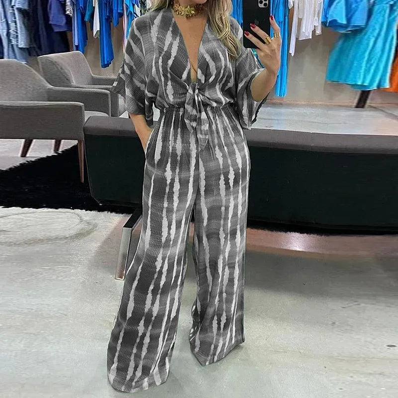 Elegant Women's Jumpsuits 2025 Summer Simple Casual  V-neck Lace Up Loose Lady Fashion Wide Leg Jumpsuit S-XXXL