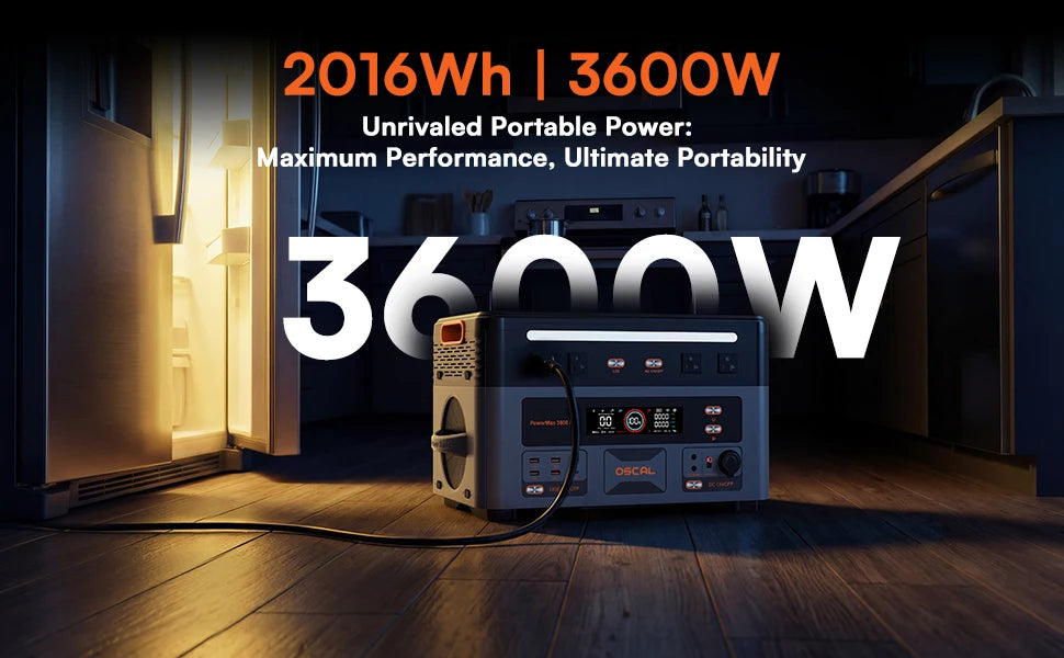 OSCAL 3600W Portable Power Station PowerMax 3600 PE Portable Solar Generator 2016Wh LiFePO4 Power Station 1.5H Fast Charging for Home RV Emergency With 100W Solar Panel