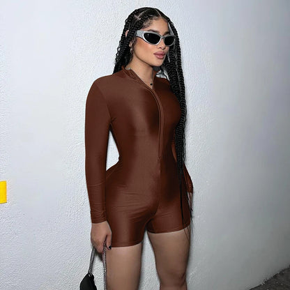 Hugcitar Solid Turtleneck Long Sleeve Zip Up Sexy Slim Skinny One Piece Playsuit 2024 Fall Women Fashion Streetwear Party Romper