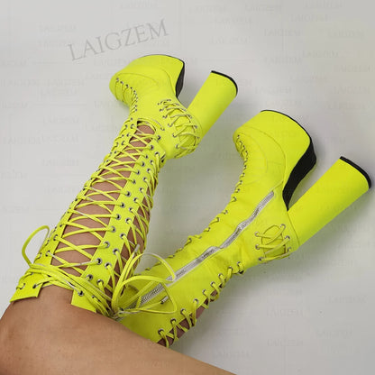 LAIGZEM Women Knee High Sandals Side Zip Up Pumps Shoes Lace Platform Cosplay Party Show Ladies Girls Shoes Woman Big Size 43 47