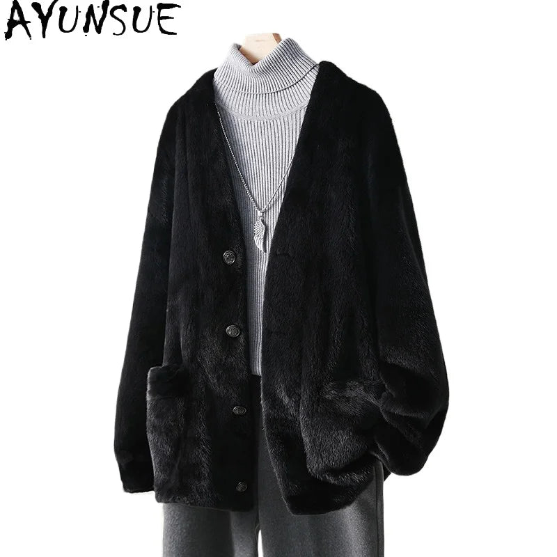 AYUSNUE Natural Whole Mink Fur Coat Men Clothing Fashion Winter Jacket Warm Real Fur Coats Male Long Sleeve زبر حقيقي للرجال