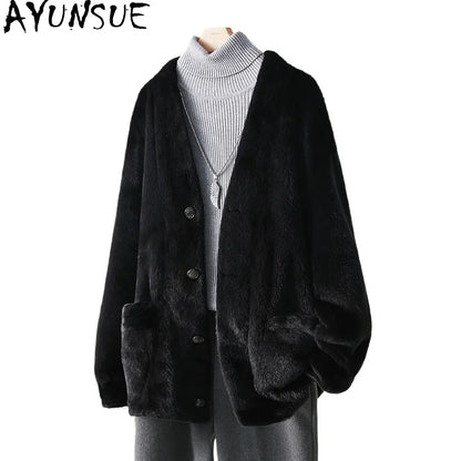 AYUSNUE Natural Whole Mink Fur Coat Men Clothing Fashion Winter Jacket Warm Real Fur Coats Male Long Sleeve زبر حقيقي للرجال