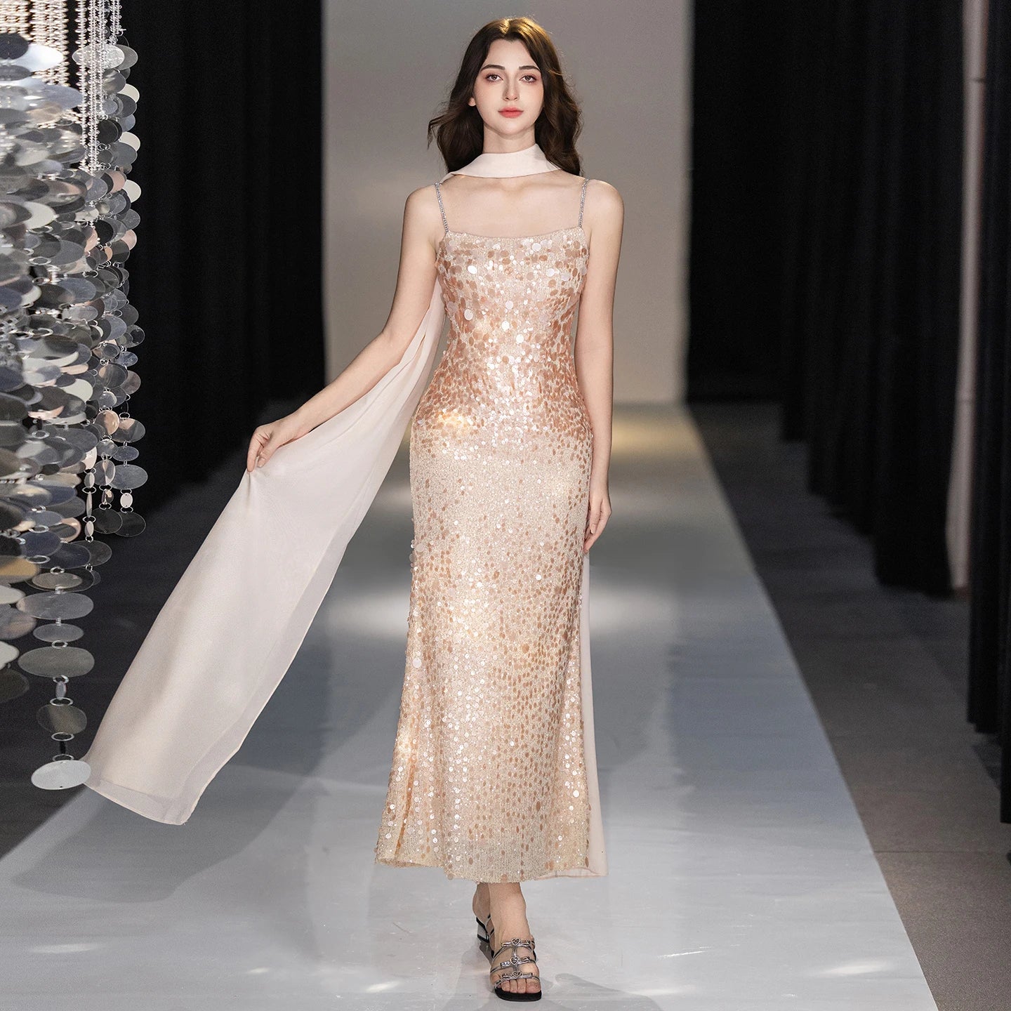 Champagne Rhinestone Spaghetti Strap Mermaid Evening Dress Big Sequins Chiffon Cape Neck Scarf Midi Wedding Guest Gown
