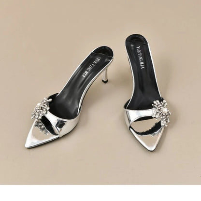 Star style Luxury Rhinestones Flowers PVC Women Slippers Sandals Elegant Thin High heels Mules Slides Fashion Summer Party Shoes