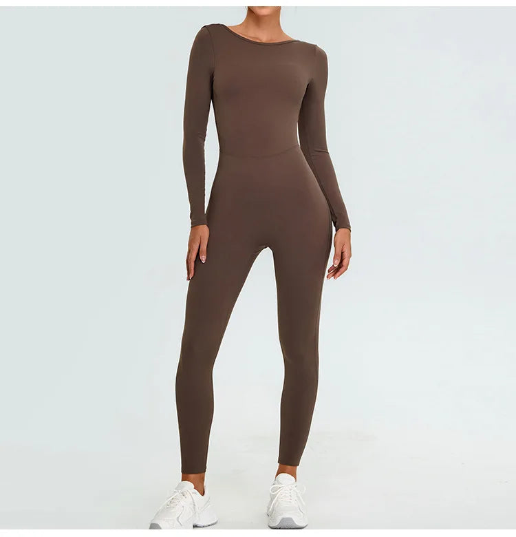 New Summer Sexy V Back Gym Sports Jumpsuit Yoga Clothes Rompers Women Long Sleeveles Workout Bodysuits Backless One-piece Suit