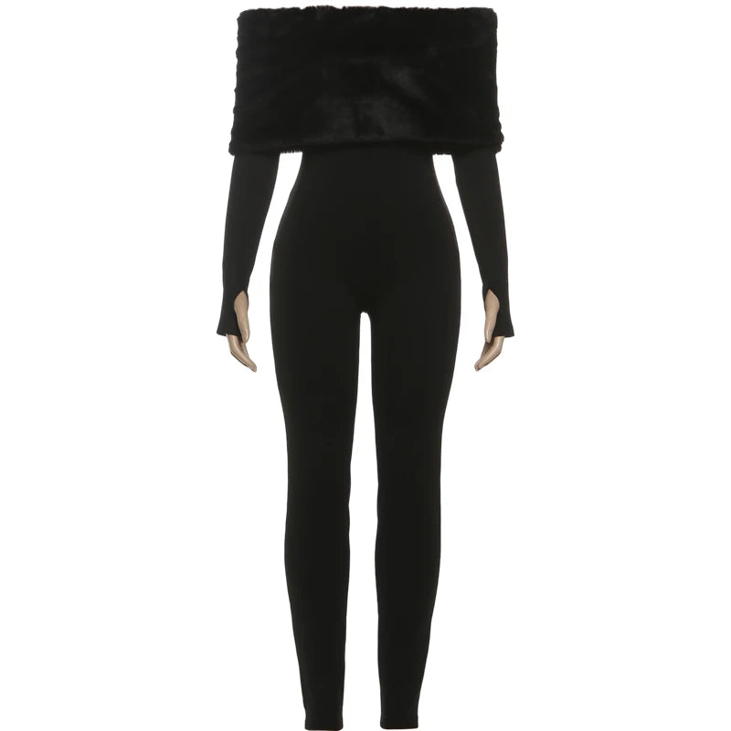 Nibber Winter Furry Patchwork Jumpsuits Women Slash Neck Full Sleeve Sexy Simple Stretch Skinny Street Hipster Club Overalls