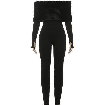 Nibber Winter Furry Patchwork Jumpsuits Women Slash Neck Full Sleeve Sexy Simple Stretch Skinny Street Hipster Club Overalls