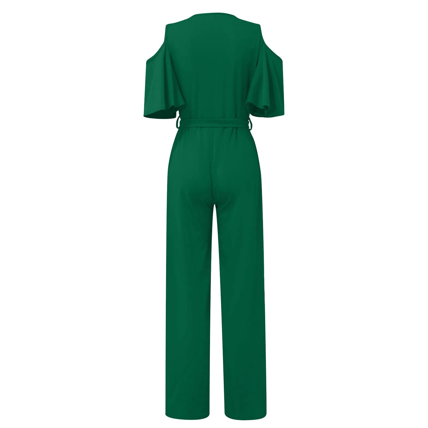 Jumpsuit Summer Pure Color Women Sexy Deep V Neck Short Sleeve Rompers Fashion Slim Fit Lace Up Elegant Female Wide Leg Jumpsuit