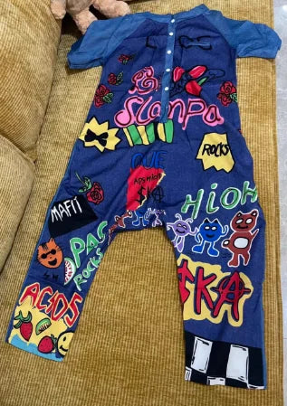 New Women Cartoon Graffiti Printing One Piece Overalls Mandarin Collar Short Sleeve Jumpsuit Hip Hop Design Rompers Baggy Pants