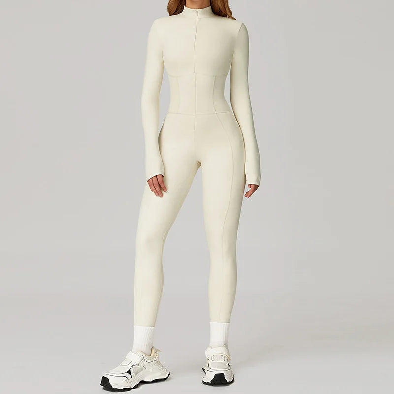 Winter Warm Fleece Sports Jumpsuits Fitness Suits Women's Sportswear Zipper Long Sleeves Tops One-Piece Dance Bodysuit Female