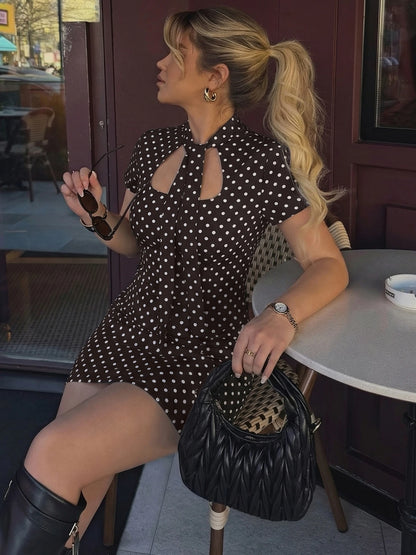 Dulzura Turtleneck Short Sleeve Lace Up Hollow Out Polka Dot Mini Dress Women'S Fashion Sexy Elegant Dress Party Vacation Outfit